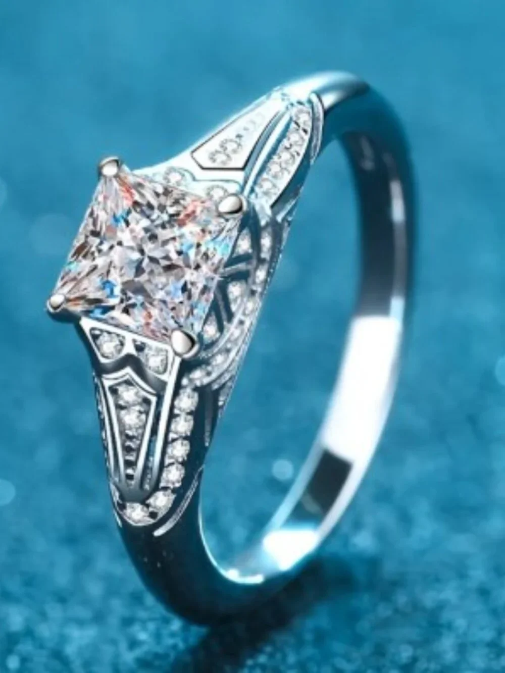 1 Ct Princess Cut Moissanite Ring 925 Sterling Silver Pavé Accent Cathedral Set